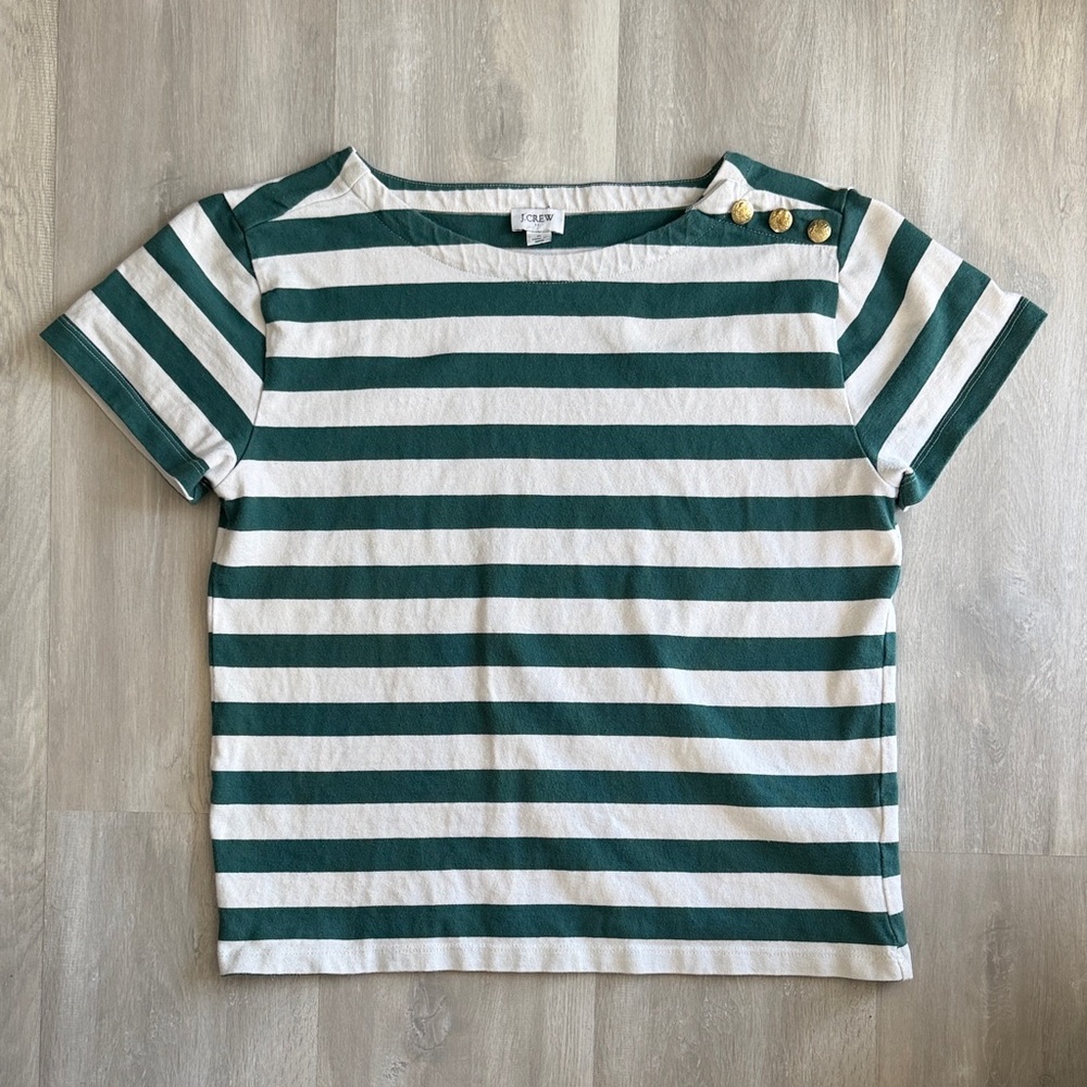 J. Crew Green and White Nautical Striped Tee with Button Accents, Size S